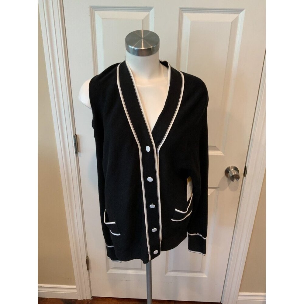 Monse Black Button Up Cardigan W/ White Piping & Cutout Shoulder, Size Small